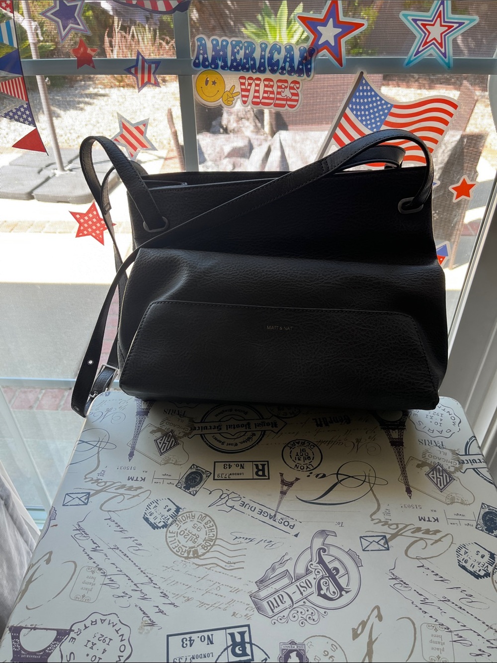 Matt & Nat Black Vegan Leather Messenger Bag with Front Pocket